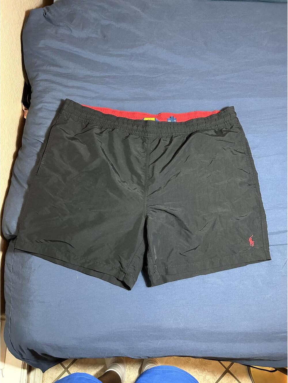 Polo Ralph Lauren Men's Black Swim Trunks Red Waistband Pony Logo XL